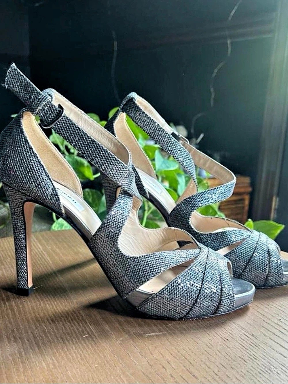L.K. Bennett Palma Silver Glitter Strappy Heel Gray & Black EU 38